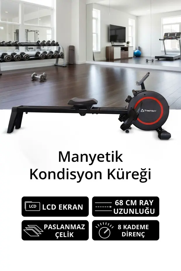 Manyetik Kondisyon Küreği | Paslanmaz Çelik | 8 Kademeli Direnç | 68 cm Ray
